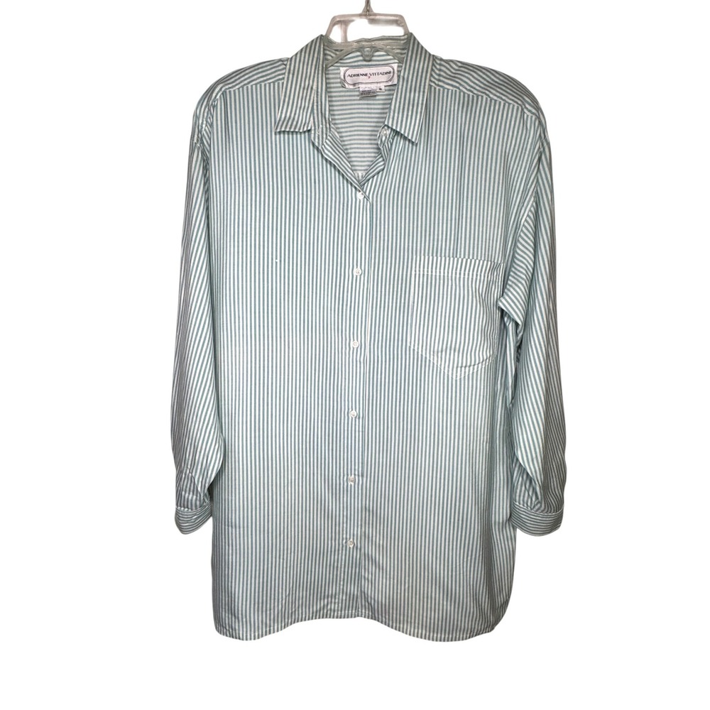Adrienne Vittadini Silk Striped Sleep Shirt Womens 10 Green White Lounge Vintage